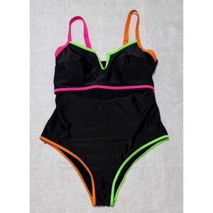 Black Neon Trim One-Piece Swimsuit Size 1XL Y2K 90s Aesthetic Color‎ Block Retro